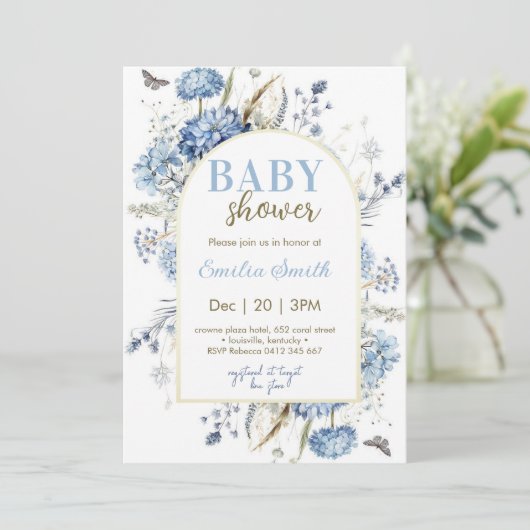 Dusty Blue Floral Boy Baby shower Kaart (Staand voorkant)