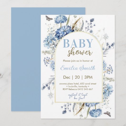 Dusty Blue Floral Boy Baby shower Kaart (Voorkant / Achterkant)