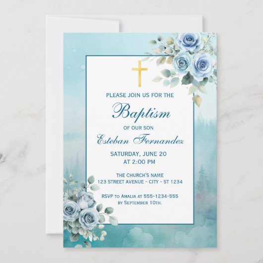 Dusty Blue Floral Boy Baptism Religious Kaart (Voorkant)