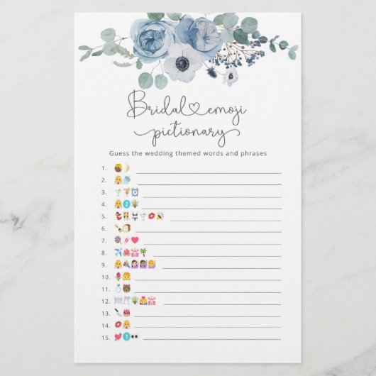 Dusty blue floral bridal emoji pictionary game (Voorkant)