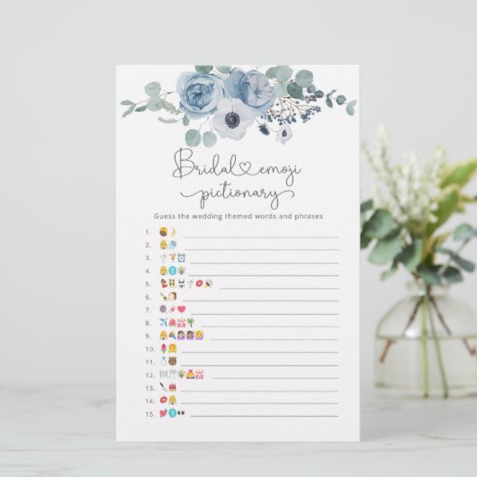 Dusty blue floral bridal emoji pictionary game (Staand voorkant)