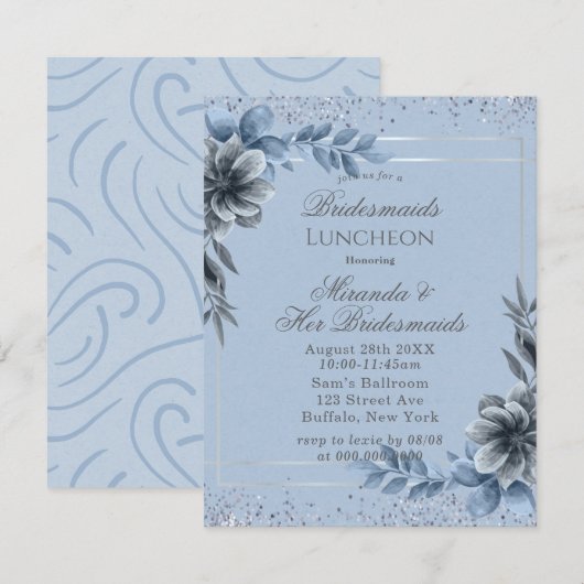 Dusty Blue Floral Bridesmaids Luncheon Invites Kaart (Voorkant / Achterkant)