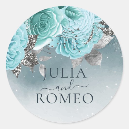 Dusty Blue Floral bruiloft gepersonaliseerd Ronde Sticker (Voorkant)
