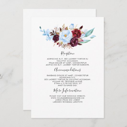 Dusty Blue Floral Bruiloft Informatie Gast Informatiekaartje (Voorkant / Achterkant)