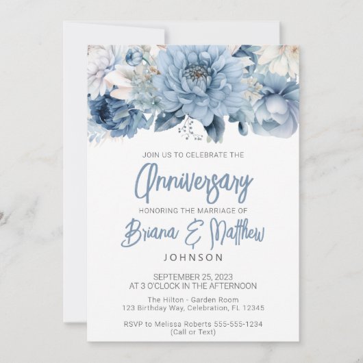 Dusty Blue Floral bruiloft Jubileum Kaart (Voorkant)