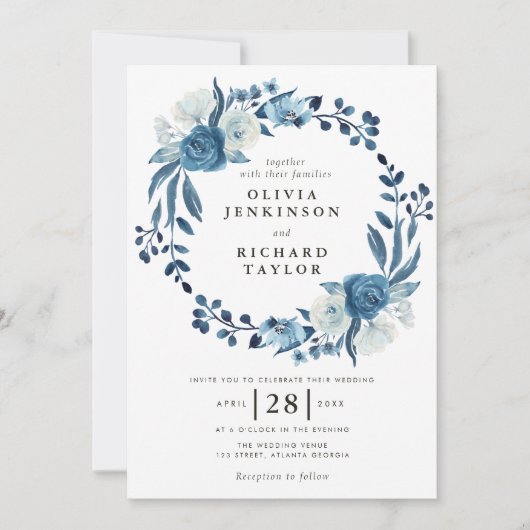 Dusty blue floral bruiloft kaart (Voorkant)