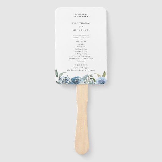Dusty Blue Floral bruiloft programma Hand Fan Handwaaier (Voorkant)