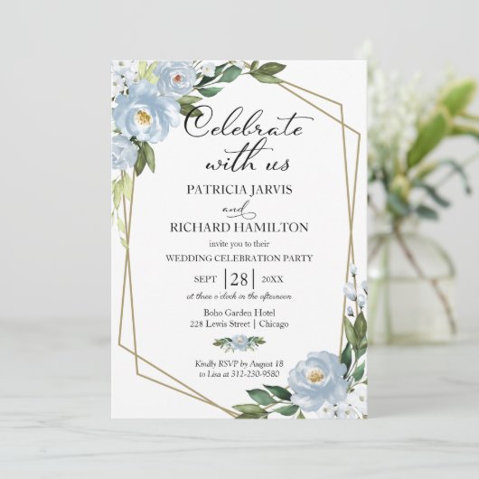 Dusty Blue Floral bruiloft receptie uitnodiging (Staand voorkant)