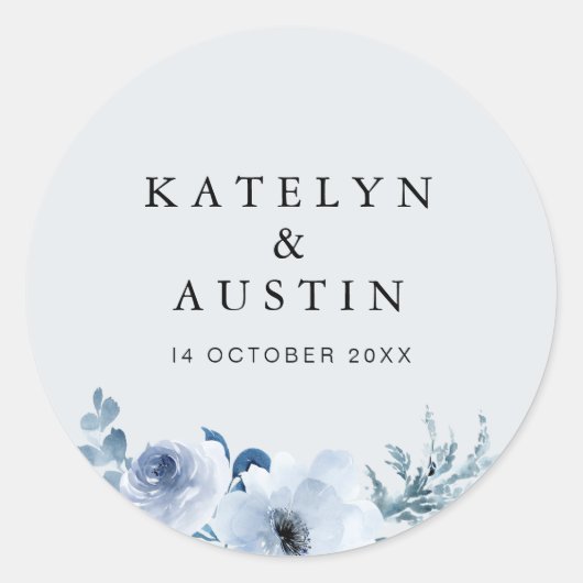 dusty blue floral bruiloft ronde sticker (Voorkant)