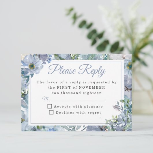 Dusty Blue Floral bruiloft RSVP Kaarten (Staand voorkant)