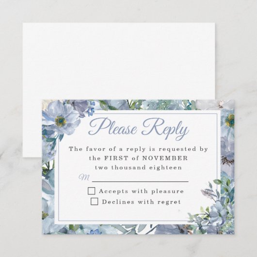 Dusty Blue Floral bruiloft RSVP Kaarten (Voorkant / Achterkant)