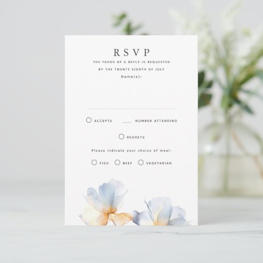 Dusty Blue Floral bruiloft RSVP Kaarten (Staand voorkant)