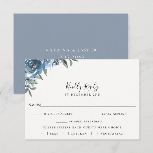 Dusty Blue Floral Bruiloft RSVP Maaltijdkeuze Kaar (Voorkant / Achterkant)