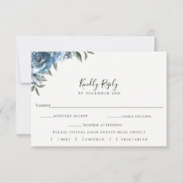Dusty Blue Floral Bruiloft RSVP Maaltijdkeuze Kaar Kaartje