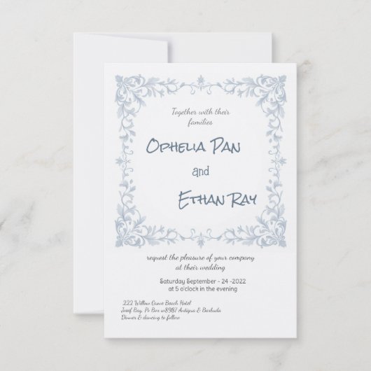 Dusty Blue Floral bruiloft uitnodiging (Voorkant)