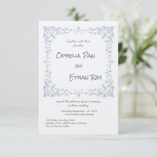 Dusty Blue Floral bruiloft uitnodiging (Staand voorkant)