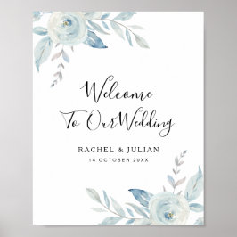 Dusty blue floral bruiloft welkomstbord poster