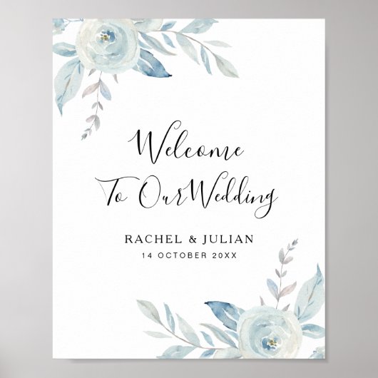Dusty blue floral bruiloft welkomstbord poster (Voorkant)