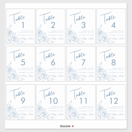 Dusty Blue Floral Bruiloft Wijn Label Tafelnummers (Vel)
