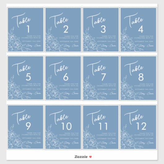 Dusty Blue Floral Bruiloft Wijn Label Tafelnummers (Vel)