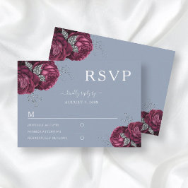 Dusty Blue Floral Burgundy Peonies Elegant Wedding RSVP Kaartje