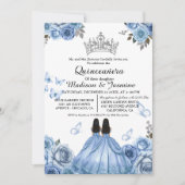 Dusty Blue Floral Butterfly Twin Quinceanera Kaart (Voorkant)