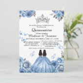 Dusty Blue Floral Butterfly Twin Quinceanera Kaart (Staand voorkant)