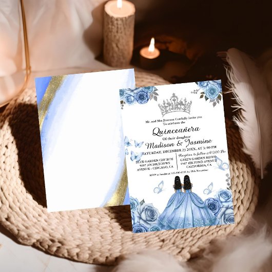 Dusty Blue Floral Butterfly Twin Quinceanera Kaart