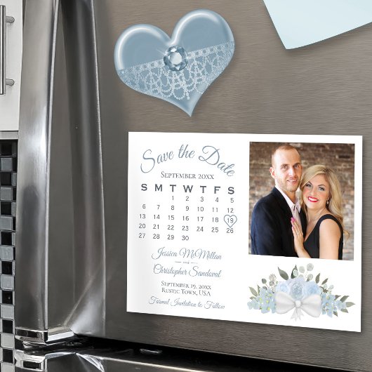 Dusty Blue Floral Calendar Photo Save the Date Magnetische Uitnodiging