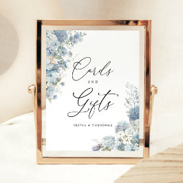 Dusty Blue Floral Cards and Gifts Wedding Table Reclamebord Met Voetstuk
