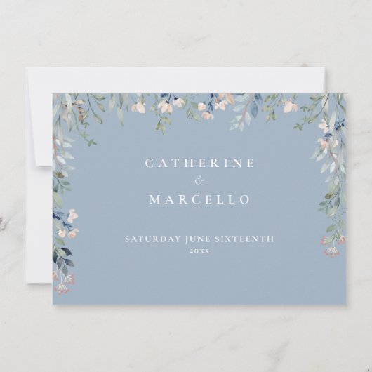 Dusty Blue Floral Cascade bruiloft Details Kaart (Achterkant)