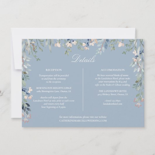 Dusty Blue Floral Cascade bruiloft Details Kaart (Voorkant)