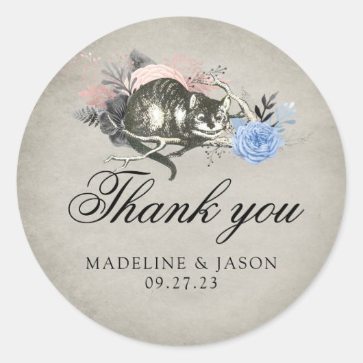  Dusty Blue Floral Cat Wedding Dank u Ronde Sticker (Voorkant)