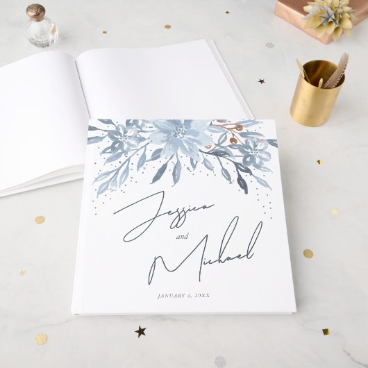 Dusty Blue Floral Chic Script Winter Theme Wedding Gastenboek