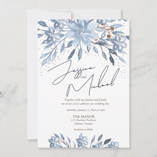 Dusty Blue Floral Chic Script Winter Theme Wedding Kaart (Voorkant)
