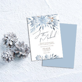 Dusty Blue Floral Chic Script Winter Theme Wedding Kaart
