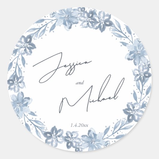 Dusty Blue Floral Chic Script Winter Theme Wedding Ronde Sticker (Voorkant)