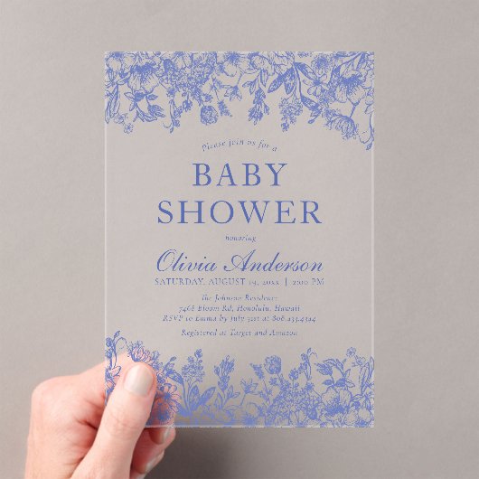 Dusty Blue  Floral Chinoiserie Baby shower Acryl Uitnodigingen (Insitu (Draagbaar))