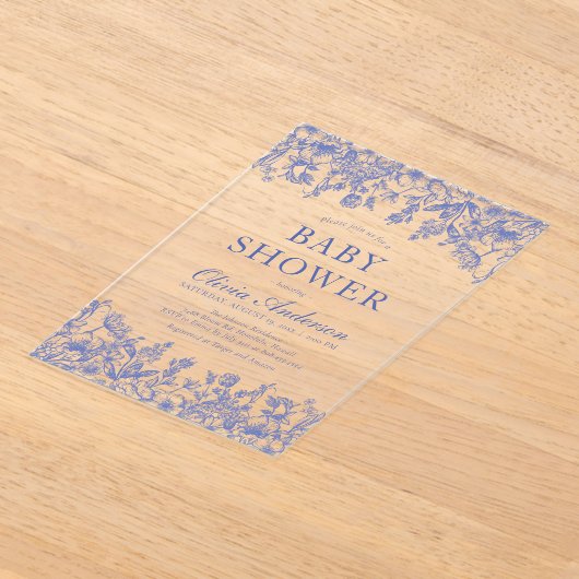Dusty Blue  Floral Chinoiserie Baby shower Acryl Uitnodigingen (Laagn)