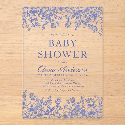 Dusty Blue  Floral Chinoiserie Baby shower Acryl Uitnodigingen (Voorkant)