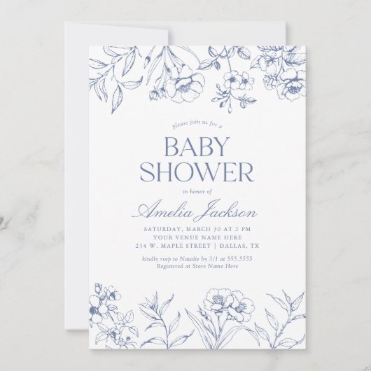 Dusty Blue  Floral Chinoiserie Baby shower Kaart (Voorkant)