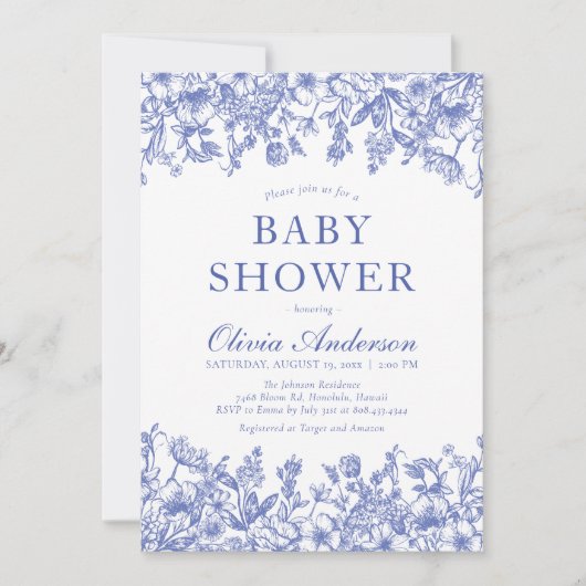 Dusty Blue Floral Chinoiserie Baby shower Kaart (Voorkant)