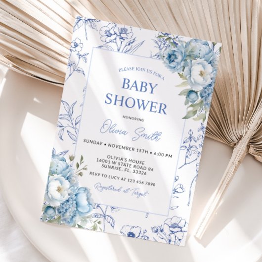 Dusty Blue Floral  Chinoiserie Baby shower Kaart