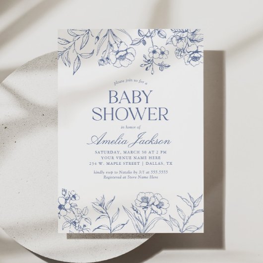 Dusty Blue  Floral Chinoiserie Baby shower Kaart