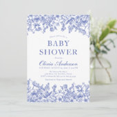 Dusty Blue  Floral Chinoiserie Baby shower Kaart (Staand voorkant)