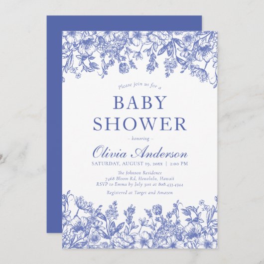 Dusty Blue  Floral Chinoiserie Baby shower Kaart (Voorkant / Achterkant)