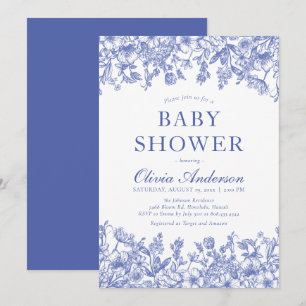 Dusty Blue  Floral Chinoiserie Baby shower Kaart