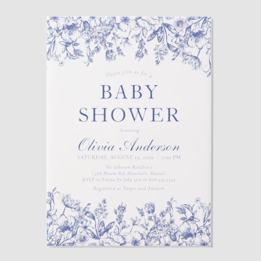 Dusty Blue Floral Chinoiserie Baby shower Vellum Uitnodigingen (Voorkant)