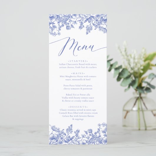 Dusty Blue Floral Chinoiserie Botanical Menu (Staand voorkant)