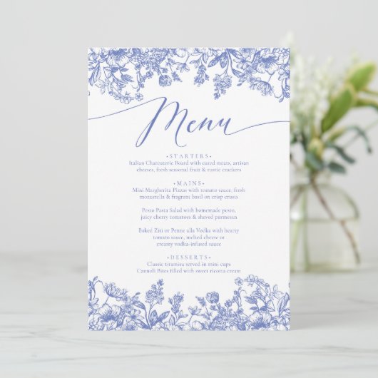  Dusty Blue Floral Chinoiserie Botanical Menu (Staand voorkant)